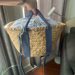 Zara Straw Tote with Blue Straps and Drawstring Lining